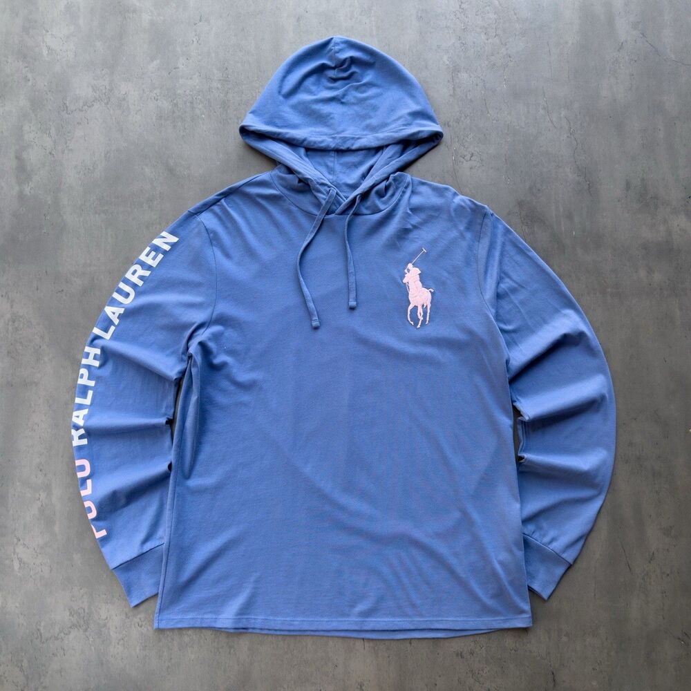 Polo Ralph Lauren Big Pony Hoodie Men’s M Blue White Sleeve Spellout Cotton